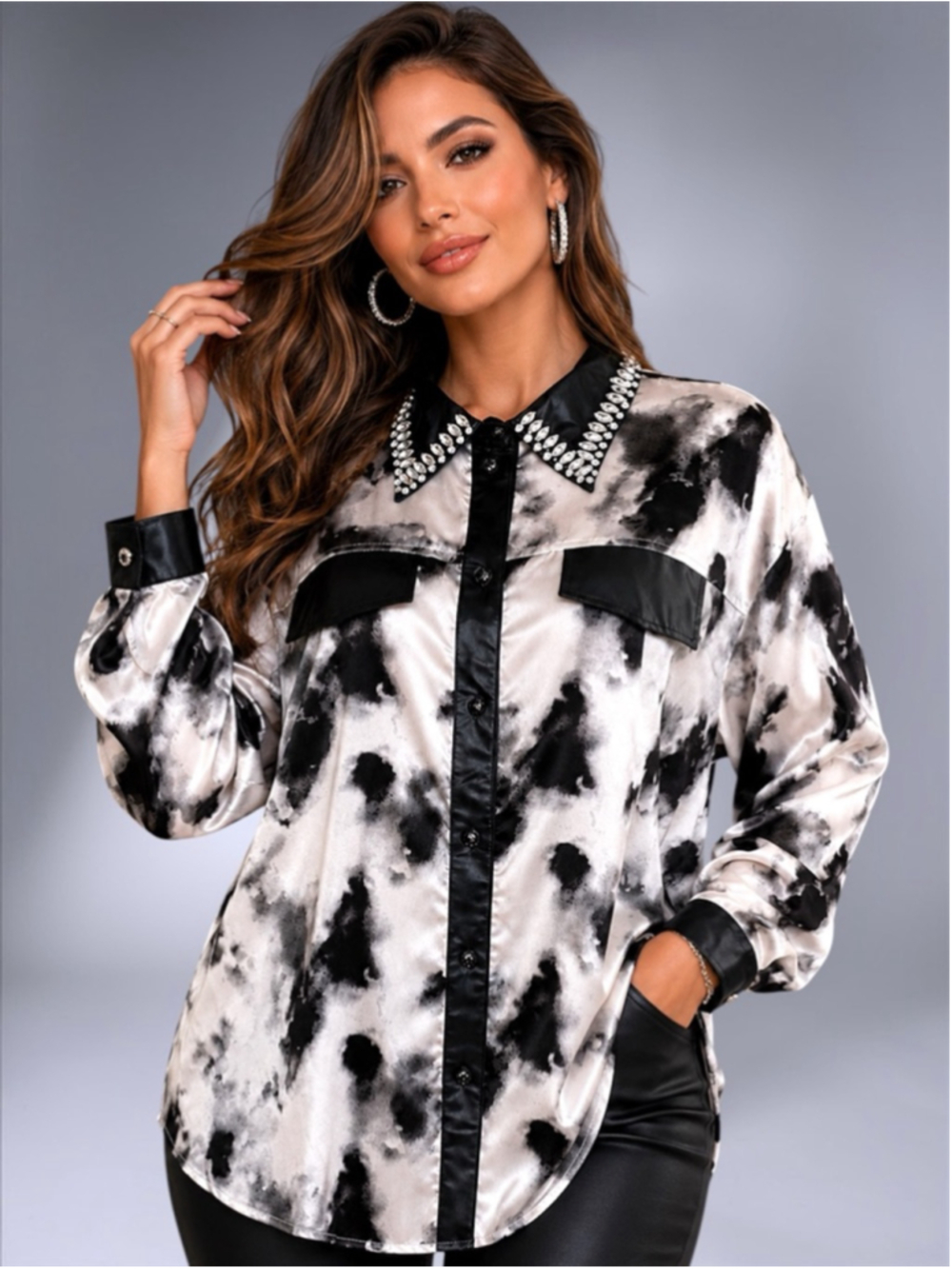 New Galita Bedazzled Animal Print Button-Down Blouse